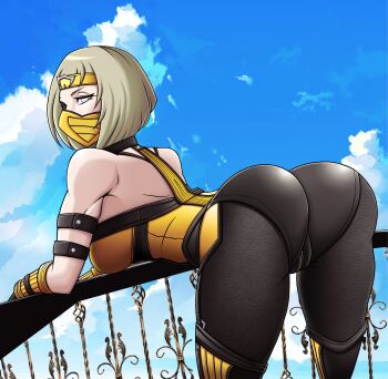 1girl absurdres ass bent_over blue_sky breasts cloud day grey_eyes grey_hair highres khameleon mask mortal_kombat_(series) mortal_kombat_1_(2023) railing reference_work short_hair skin_tight sky