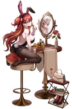 1girl absurdres akane_lize animal_ears applying_makeup bare_shoulders black_leotard blonde_hair breasts brown_pantyhose chair cleavage closed_mouth commentary cosmetics different_reflection earrings english_commentary fake_animal_ears fake_tail fishnet_pantyhose fishnets full_body highres holding holding_lipstick_tube jewelry jinone large_breasts leotard lipstick_tube long_hair looking_at_viewer mirror mole mole_under_eye multicolored_hair on_chair pantyhose playboy_bunny rabbit_ears rabbit_tail red_hair reflection sideboob simple_background solo stellive streaked_hair tail torn_clothes torn_pantyhose virtual_youtuber white_background