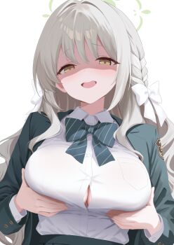 1girl blazer blue_archive blush bow bowtie braid breast_lift breasts button_gap cleavage commentary_request green_halo green_jacket grey_hair hair_bow halo jacket komugirakko large_breasts long_hair long_sleeves looking_at_viewer meme miyo_(blue_archive) next_time_you're_getting_this_(meme) open_mouth school_uniform shaded_face shirt simple_background skirt smile solo striped_bow striped_bowtie striped_clothes teeth upper_body upper_teeth_only white_background white_bow white_shirt