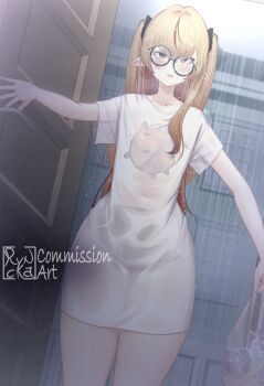 1girl annoyed arms_at_sides artist_name black-framed_eyewear blonde_hair blush chromashift closed_mouth collarbone commission dot_nose feet_out_of_frame female_focus glasses highres indoors long_hair looking_afar multicolored_hair pointy_ears rain red_eyes red_hair round_eyewear ruby_runeheart ryncka shirt solo standing t-shirt twintails two-tone_hair virtual_youtuber wavy_mouth wet wet_clothes white_shirt