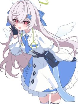 1girl :d angel angel_wings bag beatrixa_(stella_sora) black_bag black_gloves blue_bow blue_necktie blue_skirt blush bow collared_shirt fang gloves grey_hair hair_bow hair_ornament halo hat highres long_hair necktie nonddu nurse_cap open_mouth red_eyes shaded_face shirt shoulder_bag simple_background skin_fang skirt smile solo stella_sora stethoscope thighhighs white_background white_shirt white_thighhighs white_wings wings x_hair_ornament yellow_halo