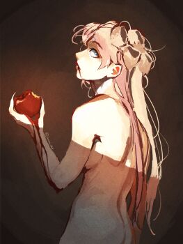 Rule 34 | 1girl, aegyo sal, angel (killer chat), apple, bleeding, blonde hair, blood, blood on face, blue eyes, breasts, constricted pupils, crack of light, double bun, food, fruit, gradient hair, hair bun, hand up, head tilt, heart, heart-shaped pupils, highres, holding, holding food, holding fruit, killer chat!, looking back, looking to the side, multicolored hair, nude, pink hair, solo, symbol-shaped pupils, symbolism, temimi, twintails, wide-eyed