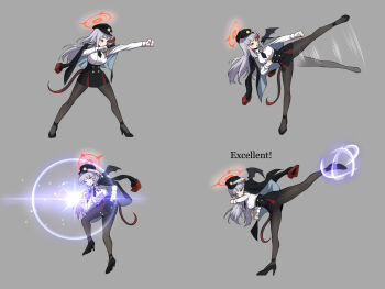 1girl absurdres afterimage attack black_jacket black_necktie black_pantyhose black_skirt blue_archive blush collared_shirt commentary_request demon_tail demon_wings easel_(djeasel) english_text fighting_game full_body grey_background grey_hair grin halo haruna_(blue_archive) hat high_heels high_kick highres jacket jacket_on_shoulders kicking korean_commentary long_hair long_sleeves mini_wings miniskirt multiple_views necktie pantyhose parody peaked_cap punching red_eyes shirt simple_background skirt smile sprite_sheet standing standing_on_one_leg tail tekken tekken_8 white_shirt wings