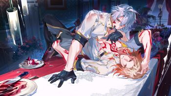 Rule 34 | 2boys, absurdres, alternate costume, antenna hair, arm tattoo, black choker, black gloves, black pants, blonde hair, blood, blood on clothes, blood on face, blood splatter, blue eyes, bottle, braid, broken bottle, cake, cake slice, chef, chest tattoo, choker, collared shirt, commentary, english commentary, facial tattoo, food, glass shards, gloves, gradient hair, half gloves, highres, holding, holding bottle, honkai: star rail, honkai (series), knife, licking lips, male focus, medium hair, multicolored hair, multiple boys, mydei (honkai: star rail), on table, open clothes, open shirt, ourkeys118838, pants, parted bangs, phainon (honkai: star rail), red hair, red tattoo, shirt, short hair, side braid, single glove, sleeves rolled up, table, tattoo, tongue, tongue out, white hair, white shirt, wine bottle, yaoi, yellow eyes