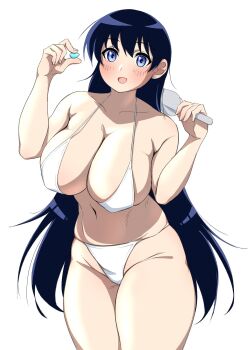 1girl arato_nagi bikini blue_eyes blush breasts commentary_request curvy highres huge_breasts imiin long_hair looking_at_viewer navel open_mouth ruri_no_houseki simple_background solo standing stomach swimsuit thick_thighs thighs white_background white_bikini