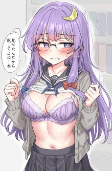 1girl absurdres alternate_costume bespectacled black_skirt blush bra breasts cardigan cleavage clothes_lift commentary crescent crescent_hair_ornament crescent_pin glasses grey_cardigan hair_ornament highres large_breasts lifting_own_clothes long_hair long_sleeves looking_to_the_side navel open_cardigan open_clothes patchouli_knowledge pleated_skirt purple_bra purple_eyes purple_hair round_eyewear sailor_collar shirt shirt_lift sketch_background skirt solo speech_bubble stomach sweat touhou translated underwear white_shirt youyume-kun