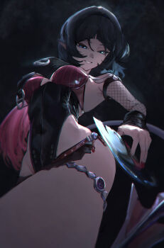 1girl absurdres animal_ears bare_shoulders black_background black_hair black_one-piece_swimsuit black_sarong blue_eyes breast_curtains breasts cleavage commentary covered_navel cowboy_shot english_commentary fishnet_sleeves fishnets half-closed_eyes highres holding holding_knife jane_doe_(nocturne_of_light)_(zenless_zone_zero) jane_doe_(zenless_zone_zero) knife leather_leotard long_hair looking_at_another medium_breasts mouse_ears mouse_girl mouse_tail multicolored_hair official_alternate_costume one-piece_swimsuit parted_lips pitespear red_hair red_one-piece_swimsuit sarong sharp_tail smile solo swimsuit tail thigh_strap two-tone_one-piece_swimsuit zenless_zone_zero