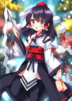 1girl bare_shoulders black_hair black_kimono black_thighhighs blush brown_eyes commentary_request detached_sleeves feet_out_of_frame frilled_hairband frills gohei hairband hakurei_reimu hat highres holding holding_gohei japanese_clothes kimono kourindou_tengu_costume medium_hair obi obijime ofuda open_mouth pelvic_curtain pom_pom_(clothes) red_hat red_ribbon ribbon ribbon-trimmed_sleeves ribbon_trim ruu_(tksymkw) sash sidelocks solo thighhighs tokin_hat touhou two-tone_kimono white_kimono white_sleeves wide_sleeves