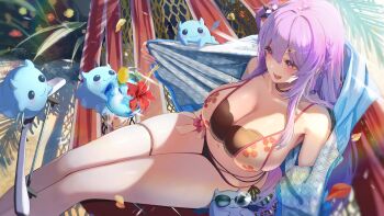 1girl absurdres bikini black_bikini black_ribbon blue_jacket braid breasts cleavage cocktail drink floral_print floral_print_bikini flower hair_ornament hair_ribbon hammock highres indie_virtual_youtuber jacket large_breasts long_hair nasai_ikumi navel nose_bubble one_side_up open_clothes open_jacket open_mouth pink_flower print_bikini purple_eyes purple_hair purple_nails red_flower ribbon sand second-party_source shadow side-tie_bikini_bottom sitting smile star_(symbol) star_hair_ornament sunglasses sweat swimsuit takechi_akinobu thigh_strap virtual_youtuber