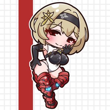 1girl absurdres armored_boots black_gloves black_hairband boots breasts brown_hair chibi closed_mouth commentary_request elbow_gloves full_body gloves goddess_of_victory:_nikke grid_background hairband hand_on_own_hip highres large_breasts leotard outline red_boots red_eyes red_shoes_(nikke) saishosaisekojo smile solo thigh_boots white_leotard white_outline