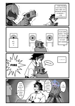 1boy 2girls ahoge aiming bench bleeding blood blue_archive blue_halo collared_shirt english_text father_shot_by_son_(meme) finger_on_trigger gun halo handgun hands_on_own_face highres holding holding_weapon hospital injury kaji_giniro kirino_(blue_archive) meme multiple_girls necktie on_bench police police_uniform policewoman purple_halo revolver sensei_(blue_archive) shirt shooting_range sitting smith_&amp;_wesson smith_&amp;_wesson_360 speech_bubble sweat target target_practice trembling waiting_room weapon