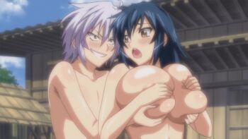 2girls animated animated_gif blue_hair blush breast_lift breasts breasts_squeezed_together deep_skin female_focus grabbing_another&#039;s_breast grabbing_from_behind groping huge_breasts incest manyuu_chifusa manyuu_hikenchou manyuu_kagefusa moaning multiple_girls nipples open_mouth purple_eyes screencap sweat takagi_jun trembling white_hair yellow_eyes yuri