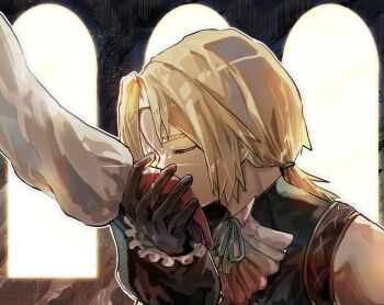 Rule 34 | 1boy, 1girl, aqua ribbon, bare shoulders, black gloves, black vest, blonde hair, closed eyes, collared shirt, commentary, couple, english commentary, final fantasy, final fantasy ix, garnet til alexandros xvii, gloves, hetero, highres, holding hands, kiss, kissing hand, low ponytail, neck ribbon, parted bangs, ponytail, red gloves, ribbon, ry mangdung, shirt, sparkle, vest, white shirt, zidane tribal