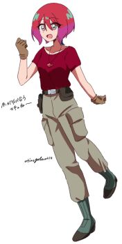 1girl amate_yuzuriha aqua_eyes artist_name belt boots breasts cagalli_yula_athha cagalli_yula_athha_(cosplay) cosplay gloves gundam gundam_gquuuuuux gundam_seed jewelry necklace open_mouth pants pocket red_hair shirt short_hair short_sleeves simple_background solo t-shirt utinogohan210 white_background