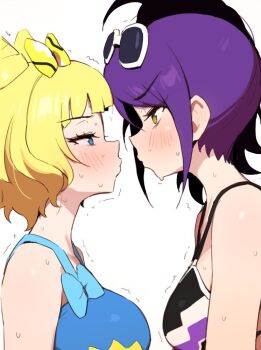 2girls bikini black_bikini blonde_hair blue_bikini blue_eyes blush bow breasts carol.j.jamison eye_contact eyewear_on_head hair_bow hair_horns imminent_kiss large_breasts looking_at_another minami_mirei motion_lines multicolored_bikini multiple_girls pretty_series pripara profile purple_bikini purple_hair pursed_lips short_hair simple_background sunglasses sweat swimsuit toudou_shion trembling v-shaped_eyebrows white-framed_eyewear white_background yellow_bow yellow_eyes yuri
