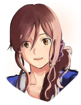 Rule 34 | 1girl, blue jacket, brown eyes, brown hair, hair between eyes, hair ornament, hair scrunchie, happy, highres, jacket, long hair, looking at viewer, mole, mole under mouth, no 01r, noel (tsukihime), open mouth, profile, scrunchie, shirt, side ponytail, smile, tsukihime, tsukihime (remake), wavy hair, white shirt
