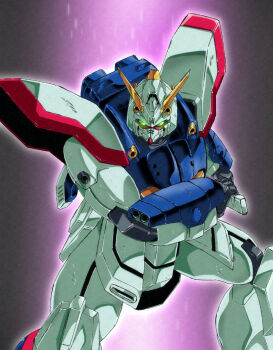 anime_coloring armor commentary_request energy_sword fighting_stance g_gundam glowing glowing_eyes green_eyes gundam hand_on_hilt highres hilt holster holstered joints looking_at_viewer mecha mobile_suit no_humans no_pupils outline pink_outline robot robot_joints science_fiction shining_gundam shoulder_armor solo sword tatezaki_hiroshi thigh_holster v-fin vambraces weapon