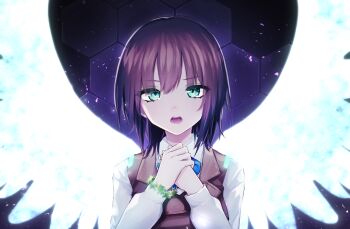 1girl angel_wings aoi_erika black_hair blue_eyes bracelet commentary_request crossed_arms heaven_burns_red highres jewelry moa_hb school_uniform short_hair wings