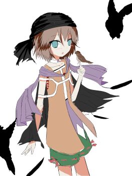 1other 2000s_(style) :o androgynous anime_coloring bandana bird bird_on_hand black_bandana black_cape blue_eyes brooch brown_hair cape choker cine_hamal collarbone cowboy_shot cross-laced_jacket dot_nose eye_brooch eye_of_senri feathers green_shorts hair_between_eyes highres jacket jewelry kuzu_suzumi len'en light_blush looking_at_viewer open_clothes open_jacket open_mouth orange_jacket other_focus purple_scarf purple_shirt red_ribbon ribbon ribbon-trimmed_shorts ribbon_legwear ribbon_trim scarf shirt short_hair shorts simple_background sleeveless sleeveless_jacket sleeveless_shirt solo sparrow standing surprised torn_cape torn_clothes turban two-tone_shirt white_background white_choker white_shirt whu1353280