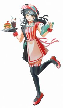 Rule 34 | 1girl, :d, alternate costume, black dress, black gloves, black hair, black thighhighs, burger, commentary request, dress, floating hair, food, full body, gloves, hands up, highres, holding, holding menu, holding plate, ice cream, leg up, long hair, looking at viewer, low twintails, magu (maguro1999aka), mary janes, menu, open mouth, parfait, plate, red dress, red shoes, red wrist cuffs, reverse:1999, shoes, short sleeves, single glove, smile, solo, standing, standing on one leg, striped clothes, striped dress, thighhighs, twintails, two-tone dress, vertical-striped clothes, vertical-striped dress, visor cap, white background, wrist cuffs, yellow eyes, zettai ryouiki