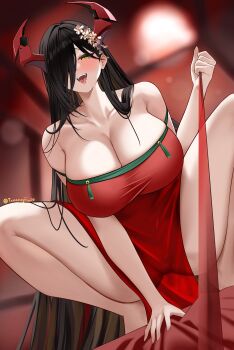 Rule 34 | 1girl, absurdres, azur lane, black hair, breasts, cleavage, collarbone, commentary, dress, english commentary, flower, friedrich der grosse (azur lane), friedrich der grosse (boudoir's lingering flame) (azur lane), hair flower, hair ornament, hair over one eye, highres, holding, holding leash, horns, leash, long hair, mechanical horns, official alternate costume, onion fried20, pov, red dress, red horns, see-through clothes, see-through dress, solo, thighs, tongue, tongue out, twitter username, very long hair, white flower, yellow eyes