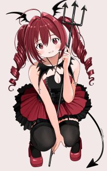 Rule 34 | 1girl, absurdres, ahoge, artist name, bare shoulders, black dress, black nails, black thighhighs, blush, breasts, cleavage, commentary, cross, demon, demon girl, demon tail, demon wings, dot nose, double-parted bangs, dress, drill hair, full body, grey background, grin, hair between eyes, highres, holding, holding pitchfork, iron cross, long hair, looking at viewer, medium breasts, nagomurasan, nail polish, open mouth, original, pitchfork, red eyes, red hair, red shoes, shoes, sidelocks, signature, simple background, smile, solo, squatting, symbol-only commentary, tail, thighhighs, twintails, wings