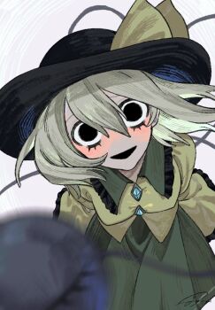 Rule 34 | 1girl, arms behind back, black hat, bow, breasts, buttons, contrast collar, diamond button, disembodied linked eye, empty eyes, frilled shirt collar, frilled sleeves, frills, green skirt, grey hair, hat, hat bow, heart, heart of string, highres, komeiji koishi, kz m i, long sleeves, looking at viewer, open mouth, ribbon-trimmed skirt, ribbon trim, shirt, skirt, solo, touhou, white background, yellow bow, yellow shirt