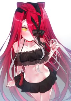 1girl bare_shoulders bikini black_bikini black_skirt blush bow braid breasts choker collarbone commentary_request fate/grand_order fate_(series) hair_between_eyes highres long_hair looking_at_viewer miniskirt navel red_hair skirt small_breasts solo swimsuit thighs typhon_ephemeros_(fate) very_long_hair yellow_eyes yubeshi_(zecxl)