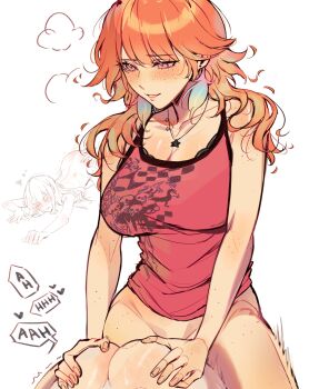 1futa 1girl absurdres all_fours alternate_costume amlichan ass bent_over blush breasts clothed_sex couple doggystyle earrings english_text feather_earrings feathers freckles futa_with_female futanari grabbing_another&#039;s_ass gradient_hair groping highres hololive hololive_english implied_futanari jewelry large_breasts long_hair mori_calliope multicolored_hair nude orange_hair sex sex_from_behind shirt smile takanashi_kiara vaginal virtual_youtuber