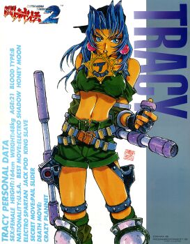 Rule 34 | 1990s (style), 1girl, badge, black gloves, blue eyes, blue hair, character name, copyright name, copyright request, dark-skinned female, dark skin, dual wielding, earrings, fingerless gloves, gloves, green shorts, holding, holster, jewelry, knee pads, long hair, looking at viewer, measurements, midriff, mouth hold, non-web source, official art, open fly, retro artstyle, shorts, solo, stats, thigh holster, tonfa, toushinden, tracy (toushinden), weapon