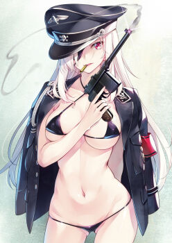 1girl bikini black_bikini blonde_hair breasts cowboy_shot female_focus gun handgun hat highres ikeda_yasuhiro large_breasts long_hair mauser_c96 micro_bikini military military_uniform navel nazi original peaked_cap red_eyes revision shell_casing solo swastika swimsuit weapon
