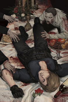 Rule 34 | 1boy, 2others, alcohol, belt, blue eyes, blue shirt, bottle, brown hair, candlestand, chbai s, chest holster, creature, flower, fruit bowl, full body, hand on another's arm, hand on another's leg, highres, leon s. kennedy, looking at viewer, lying, male focus, monster, multiple others, on back, partially open shirt, pectoral cleavage, pectorals, reaching, reaching towards another, resident evil, resident evil requiem, rose, shirt, short hair, sleeves rolled up, upside-down, zombie