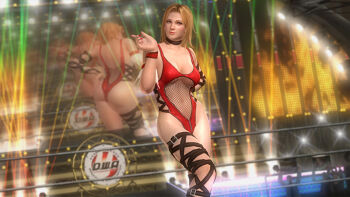 1girl 3d ass blonde_hair blue_eyes breasts choker dead_or_alive dead_or_alive_5 female_focus game_screenshot large_breasts monitor official_art short_hair solo tecmo tina_armstrong video_game_screencap wrestling_outfit wrestling_ring