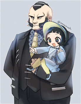 1boy 1girl :d arched_bangs black_hair black_jacket black_pants black_vest carrying collared_shirt commentary_request dress eyelashes facial_hair highres jacket long_sleeves mohawk mutton_chops necktie nintendo open_clothes open_jacket open_mouth pants pantyhose philippe_(pokemon) pointing pokemon pokemon_legends:_z-a pokemon_sv poppy_(pokemon) sayanosukee shirt shoes short_hair smile teeth upper_teeth_only vest yellow_necktie yellow_pantyhose
