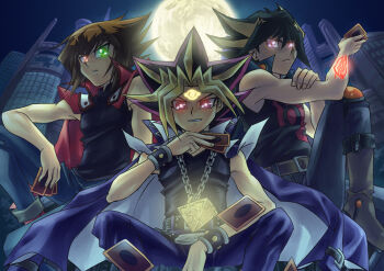 &gt;:) 3boys brown_hair card colored_bangs crossover duel_academy_uniform_(yu-gi-oh!_gx) facial_mark forehead_mark fudo_yusei full_moon glowing glowing_eyes heterochromia holding holding_card in-franchise_crossover jewelry male_focus millennium_puzzle moon multicolored_hair multiple_boys necklace night osiris_red_uniform raku_(howdy) streaked_hair v-shaped_eyebrows yami_yugi yu-gi-oh! yu-gi-oh!_5d&#039;s yu-gi-oh!_duel_monsters yu-gi-oh!_gx yuki_judai