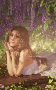 1girl aerith_gainsborough bare_shoulders breasts brown_hair closed_mouth commentary dress final_fantasy final_fantasy_vii final_fantasy_vii_remake fingernails flower foliage from_side green_nails hair_down head_tilt highres looking_at_viewer lying nail_polish on_stomach purple_nails ria_(baka-neearts) solo square_enix strapless strapless_dress symbol-only_commentary the_pose thick_lips white_dress wisteria