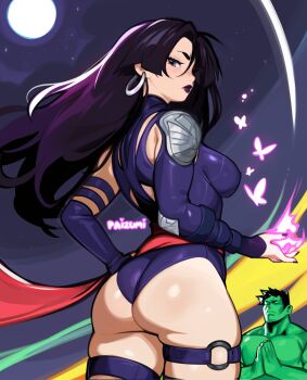 Rule 34 | 1boy, 1girl, ass, asymmetrical clothes, avengers (series), black hair, body blush, breasts, bug, butterfly, closed eyes, cloud, colored skin, curvy, earrings, elbow gloves, energy, from behind, full moon, gloves, glowing butterfly, green skin, hand on own hip, highleg, highleg leotard, highres, hoop earrings, hulk, insect, jewelry, large breasts, leotard, lipstick, long hair, looking at viewer, makeup, marvel, marvel rivals, moon, night, o-ring, o-ring thigh strap, paizumi, parted lips, psylocke, psylocke (vengeance), purple butterfly, purple eyes, purple hair, purple leotard, purple lips, red sash, revealing clothes, sash, shiny skin, sky, solo, star (sky), starry sky, superhero costume, thigh strap, thighhighs, waist sash, wide hips, x-men