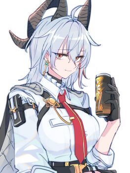 1girl ahoge arm_pouch black_gloves black_horns black_jacket breasts can chest_harness closed_mouth collared_shirt commentary_request curled_horns drink_can earrings gloves grey_hair hachikuma_z hair_between_eyes harness highres holding holding_can horns jacket jacket_on_shoulders jewelry key_earrings large_breasts long_hair looking_at_viewer mole mole_under_eye multicolored_hair necktie red_eyes red_necktie shirt shirt_tucked_in simple_background smile solo streaked_hair upper_body white_background white_shirt wuthering_waves zani_(wuthering_waves)