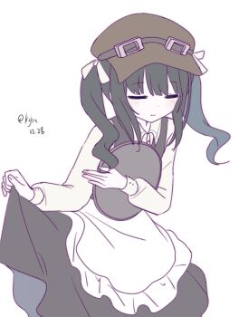 1girl apron black_dress black_hair brown_hat closed_eyes closed_mouth collared_shirt cowboy_shot dress hat highres holding holding_tray ksjsa kurobe_nanoka long_hair long_sleeves mahou_shoujo_no_majo_saiban official_alternate_costume shirt simple_background skirt_hold smile solo standing tray treasure_cafe twintails waist_apron white_apron white_background white_shirt