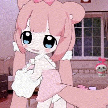 1girl animal_ears animated animated_gif bed bedroom blue_eyes blush_stickers bow character_doll chromu curtains doll dress gloves hair_bow indie_virtual_youtuber indoors long_hair looking_at_viewer lowres my_melody onegai_my_melody paw_gloves pink_bow pink_dress pink_hair sanrio sleeveless sleeveless_dress solo stuffed_toy table tail tail_wagging twintails virtual_youtuber white_gloves window