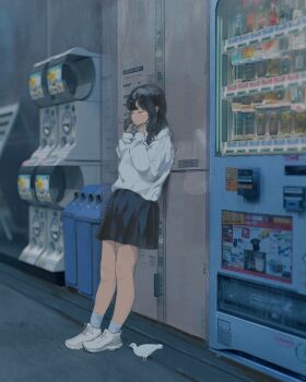 1girl absurdres against_wall animal bird black_hair black_skirt chinese_commentary closed_eyes closed_mouth commentary_request expressionless from_side full_body hands_up headphones headphones_around_neck highres long_hair long_sleeves original outdoors pleated_skirt price reflection shoes skirt sneakers socks solo standing sweater user_dgha2728 vending_machine white_bird white_shoes white_socks white_sweater