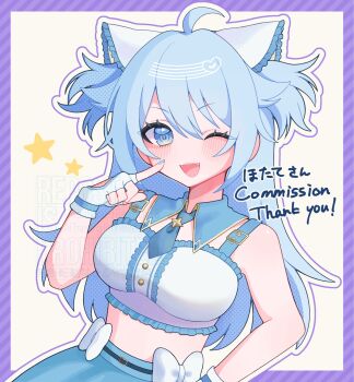 1girl ;3 ;d aegyo_sal ahoge animal_ears bare_arms bare_shoulders belt bikini bikini_top_only black_belt blue_eyes blue_hair blue_nails blue_necktie blue_skirt blush border bow bow_skirt breasts brooch cat_ears center_frills clothing_cutout commentary_request commission detached_collar double-parted_bangs fake_animal_ears fangs finger_to_cheek fingerless_gloves frills glove_cutout gloves gold_buttons hair_between_eyes hair_flaps hand_up heart highres hitose_rei index_finger_raised jewelry long_hair looking_at_viewer medium_breasts midriff nail_polish necktie one_eye_closed open_mouth original outline outside_border purple_border simple_background skeb_commission skirt smile solo star_(symbol) star_in_eye star_symbol_background striped_border swept_bangs swimsuit symbol_in_eye teeth tongue two_side_up upper_body upper_teeth_only v-shaped_eyebrows white_background white_bikini white_bow white_gloves white_outline