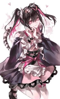 1boy absurdres animal_ears belt black_belt black_hair black_shoes blunt_bangs chou_kaguya-hime! commentary crossdressing crossdressing_(mtf) frilled_kimono frills hands_up heart heart-shaped_pupils heart_hands highres horns japanese_clothes kimono komazawa_noi long_hair long_sleeves looking_at_viewer male_focus multicolored_hair pink_eyes pink_kimono shoes short_kimono smile socks solo sparkle streaked_hair symbol-shaped_pupils tail tiger_ears tiger_tail trap twintails white_background white_socks wide_sleeves xiegegege_gezi