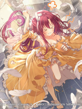 &gt;_&lt; 1girl angry armpits bare_shoulders bow breasts cleavage clenched_teeth copyright_notice crossed_bandaids detached_sleeves dress dress_bow feathers floating_hair hair_between_eyes long_hair medium_breasts nanaya_(z/x) off-shoulder_dress off_shoulder official_art orange_dress pink_bow red_hair serino_itsuki solo standing standing_on_one_leg steam teeth torn_clothes torn_dress white_feathers z/x