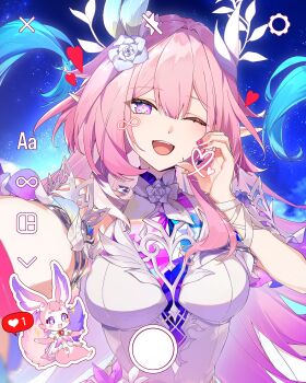 1girl ;o absurdres aiwo_o_lite aqua_hair artist_request breasts check_artist commentary cyrene_(honkai:_star_rail) cyrene_(ripples_of_past_reverie)_(honkai:_star_rail) diamond-shaped_pupils diamond_(shape) english_commentary fake_phone_screenshot fake_screenshot gradient_hair half-heart_hands highres honkai:_star_rail honkai_(series) large_breasts long_hair mem_(honkai:_star_rail) multicolored_hair one_eye_closed pink_hair pointy_ears purple_eyes second-party_source selfie sky solo star_(sky) starry_sky symbol-shaped_pupils very_long_hair white_hair