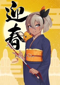 1girl alternate_costume arrow_(projectile) bamboo bea_(pokemon) black_hairband black_ribbon blue_kimono commentary_request cowboy_shot dark-skinned_female dark_skin dedenne egasumi ema falinks gen_6_pokemon gen_8_pokemon grey_eyes hair_between_eyes hair_ribbon hairband hamaya highres holding holding_arrow japanese_clothes kimono long_sleeves looking_at_viewer nintendo parted_lips patterned_clothing pokemon pokemon_(creature) pokemon_swsh putcher ribbon short_hair silver_hair smile sun wide_sleeves yellow_background