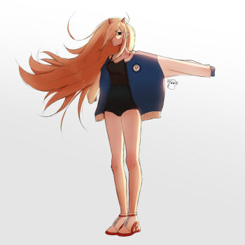 1girl abs absurdres blush breasts chaotic_spellkasper collarbone colored_skin crop_top eyelashes eyeliner female_focus hair_between_eyes hair_over_one_eye happy highres image_sample long_hair makeup medium_breasts narrow_waist shirt shorts sketch solo spellkasper standing stretched_clothing extendable_limbs stretching tank_top tight_clothes tight_shirt twitter twitter_sample twitter_username