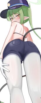 1girl ass awai_chitose back black_shorts blue_archive blue_shorts blush bra demon_tail denim denim_shorts fang feet_out_of_frame from_behind from_below gloves green_hair green_halo halo hat kneepits loli long_hair looking_at_viewer looking_back nozomi_(blue_archive) pantyhose pointy_ears short_shorts shorts side_ponytail simple_background solo tail underwear white_background white_gloves white_pantyhose yellow_eyes