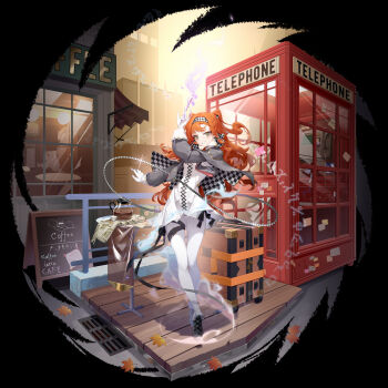 1girl absurdres belt black_bow blue_flower bow braid braided_sidelock cafe case checkered_cloak checkered_hairband coffee_pot crossed_legs cup curly_hair dress dyanju envelope faux_figurine floating_hair flower full_body glass_pen gloves green_eyes grey_cloak grey_footwear grey_sleeves grin hairband hand_up high_collar highres holding holding_pen long_hair long_sleeves looking_at_viewer magic menu_board ms._radio newspaper orange_hair outdoors pants pen phone_booth puffy_long_sleeves puffy_sleeves radio red_telephone_box_(british) reverse:1999 round_table sky smile solo sonetto_(reverse:1999) standing table thigh_belt thigh_bow thigh_strap two_side_up very_long_hair watson_cross white_dress white_gloves white_pants wooden_floor yellow_sky