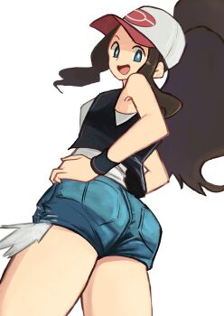 1girl ass baseball_cap black_vest blue_eyes breasts brown_hair cutoffs denim denim_shorts exposed_pocket hat high_ponytail highres hilda_(pokemon) long_hair looking_at_viewer nintendo open_clothes open_mouth open_vest poke_ball_print pokemon pokemon_bw ponytail shirt short_shorts shorts sidelocks simple_background smile solo tikuwabu_33 vest white_background white_shirt wristband